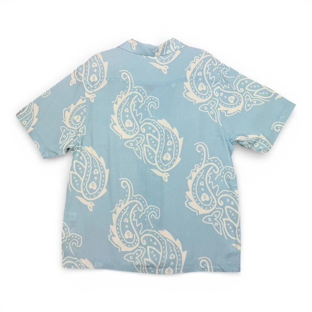 GOLF WANG Paisley Button Up Shirt Men L Light Blue Camp Loop Collar Short Sleeve